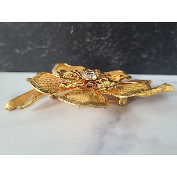 Prong Set Rhinestone Gold Tone Metal Floral Brooch Vintage, READ - Picture 5 of 10